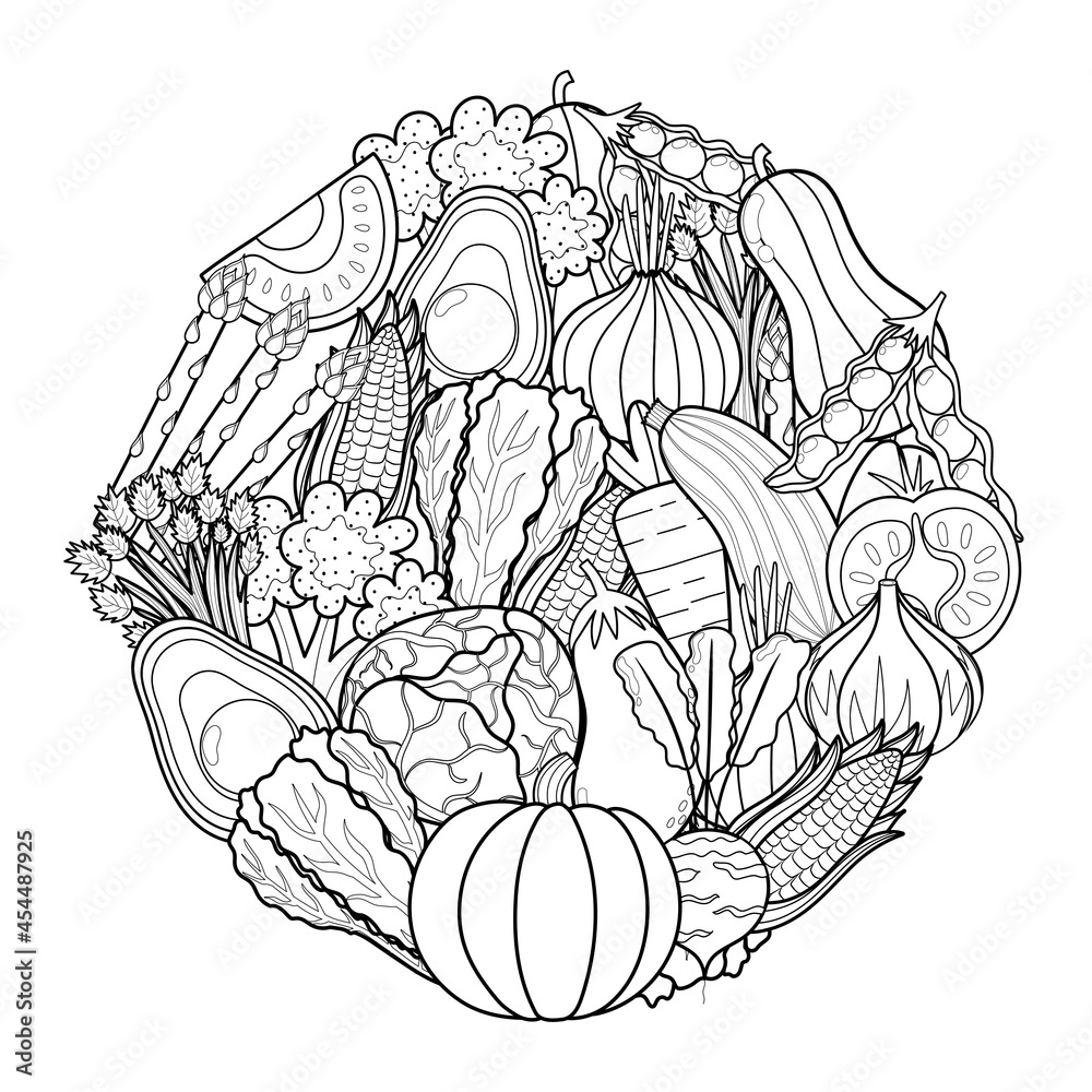 Doodle vegetables circle shape pattern for coloring book food mandala coloring page black and white print with pumpkin tomato cabbage avocado and other vector illustration vector