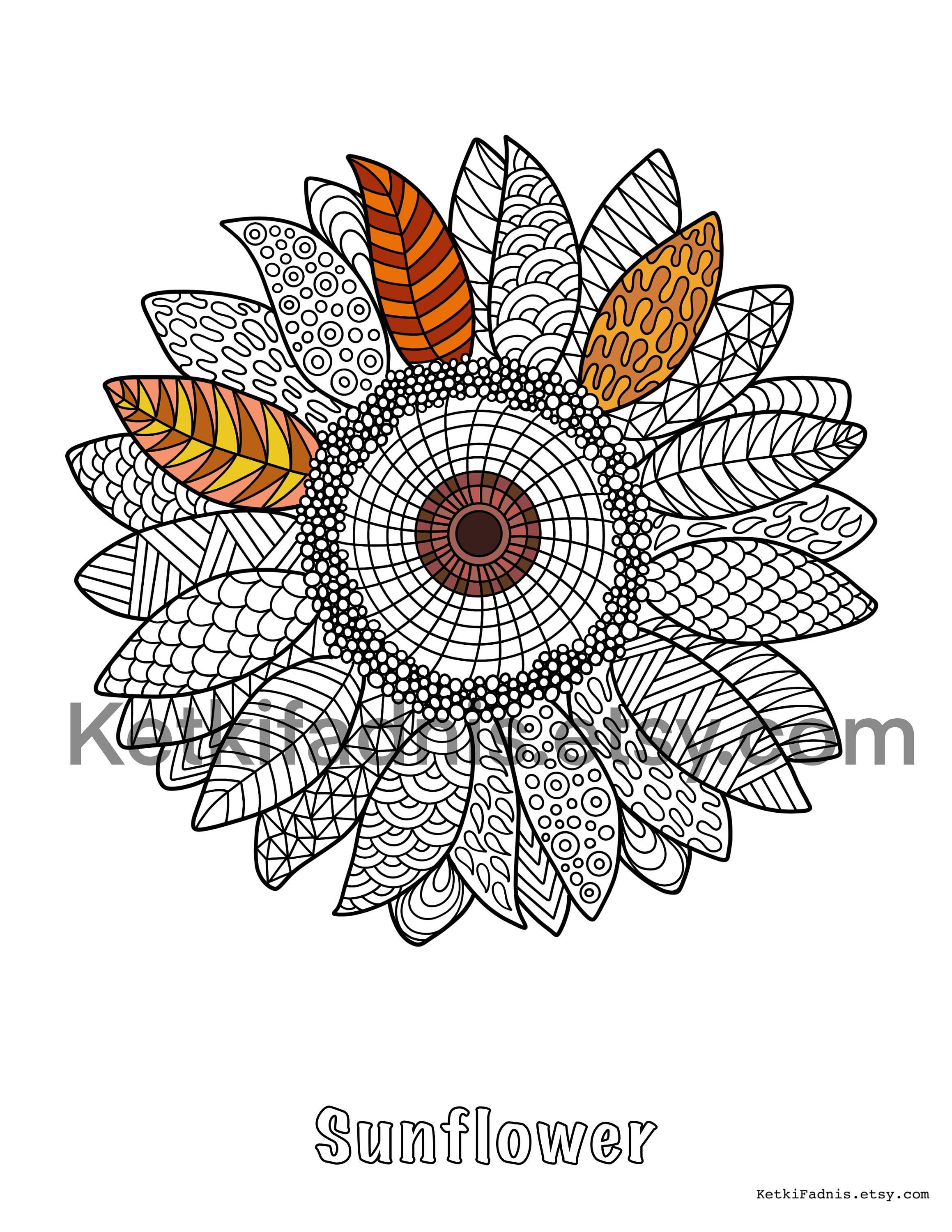 Sunflower coloring page flower coloring page pdf download digital download coloring page zentangle