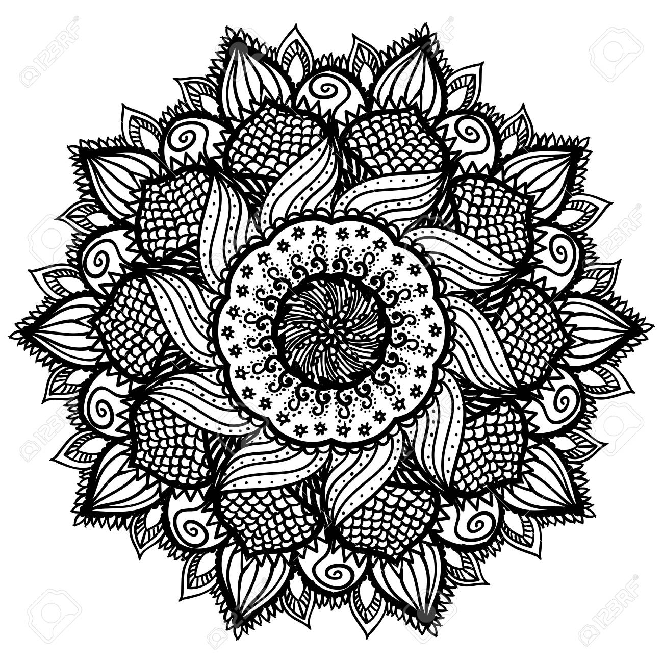 Beautiful abstract black mandala isolated on white background artistic floral ornament for coloring pages and book creative monochrome henna tattoo design abstract sunflower royalty free svg cliparts vectors and stock illustration image