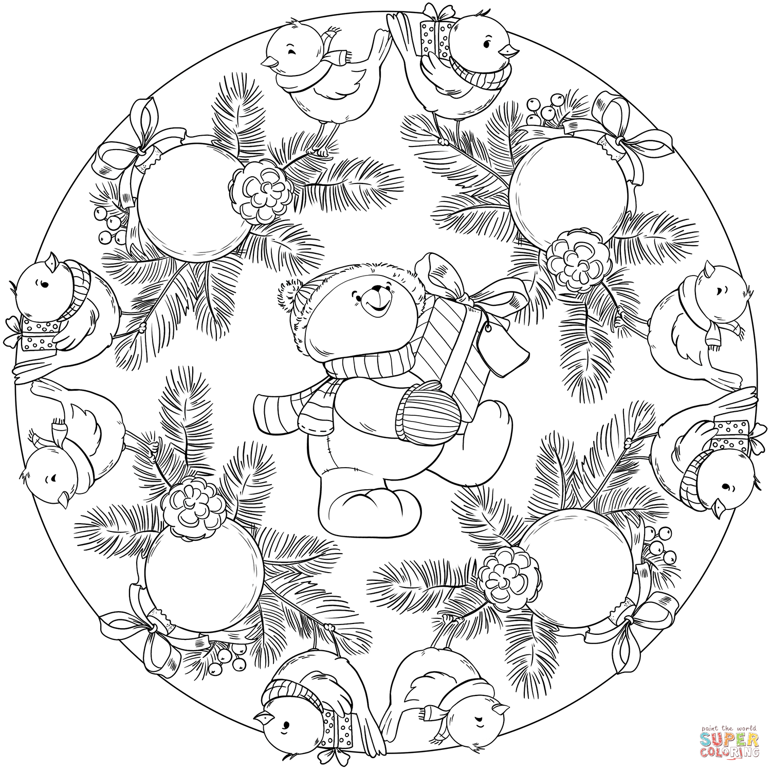 Mandala with birds christmas ornament and teddy bear holding a present coloring page free printable coloring pages