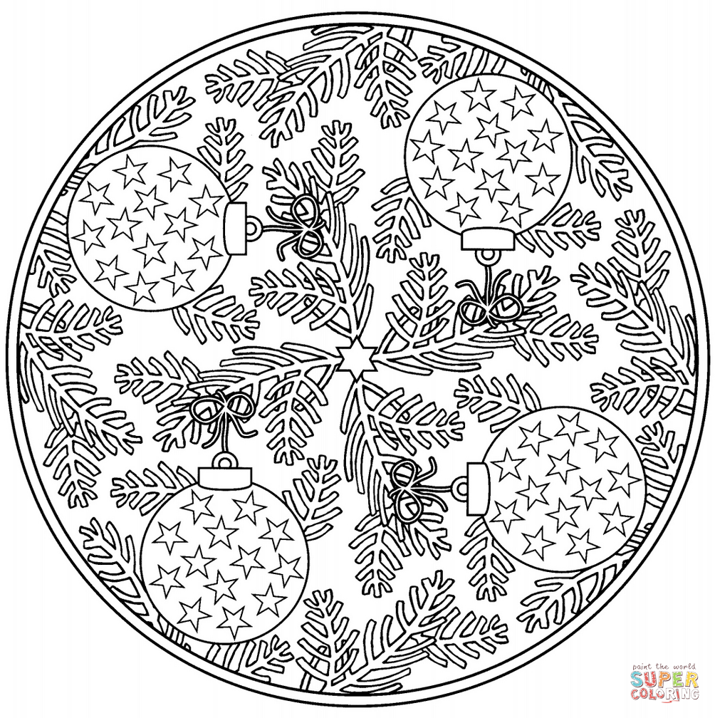 Christmas mandala with baubles coloring page free printable coloring pages