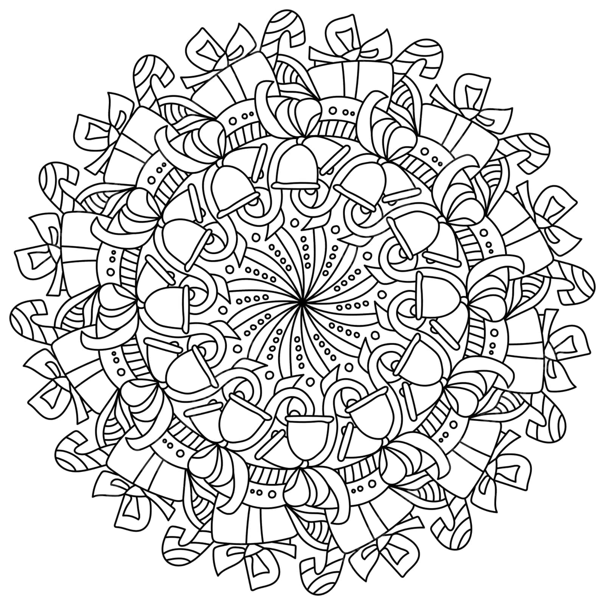 Outlined mandala for christmas festive coloring page featuring bells and other holiday symbols vector christmas drawing man drawing ring drawing png and vector with transparent background for free download