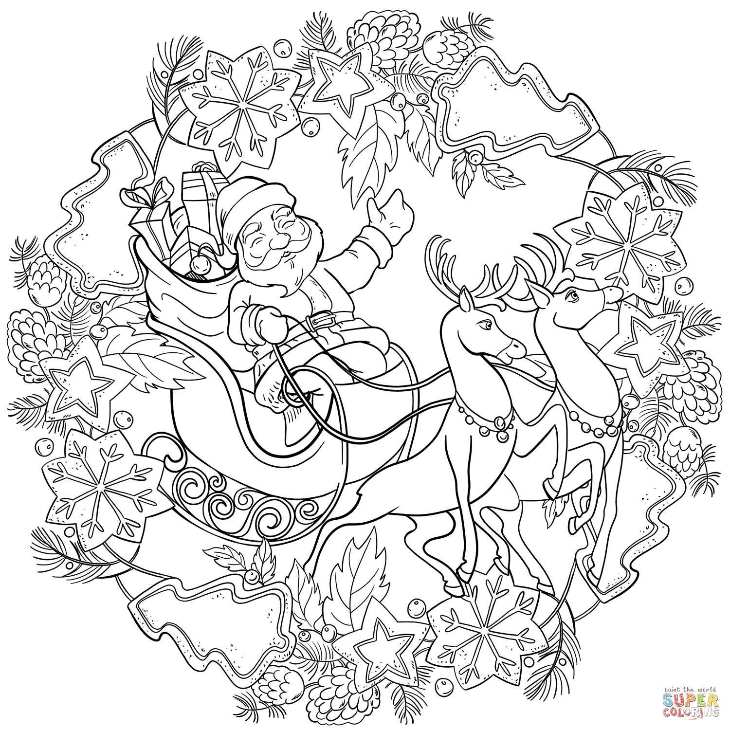 Christmas mandala with santa sleigh and deers coloring page free printable coloring pages