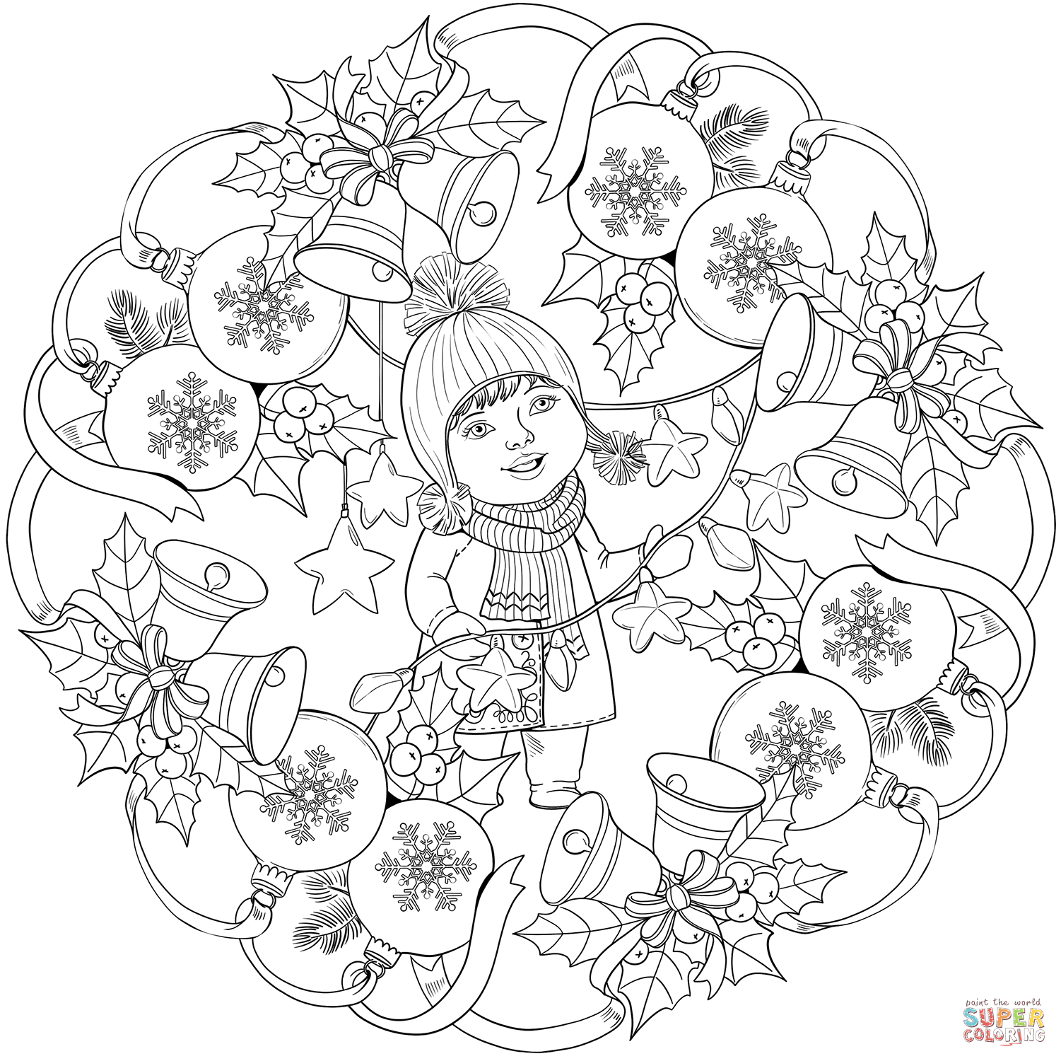 Mandala with christmas ornaments bells and a little girl coloring page free printable coloring pages