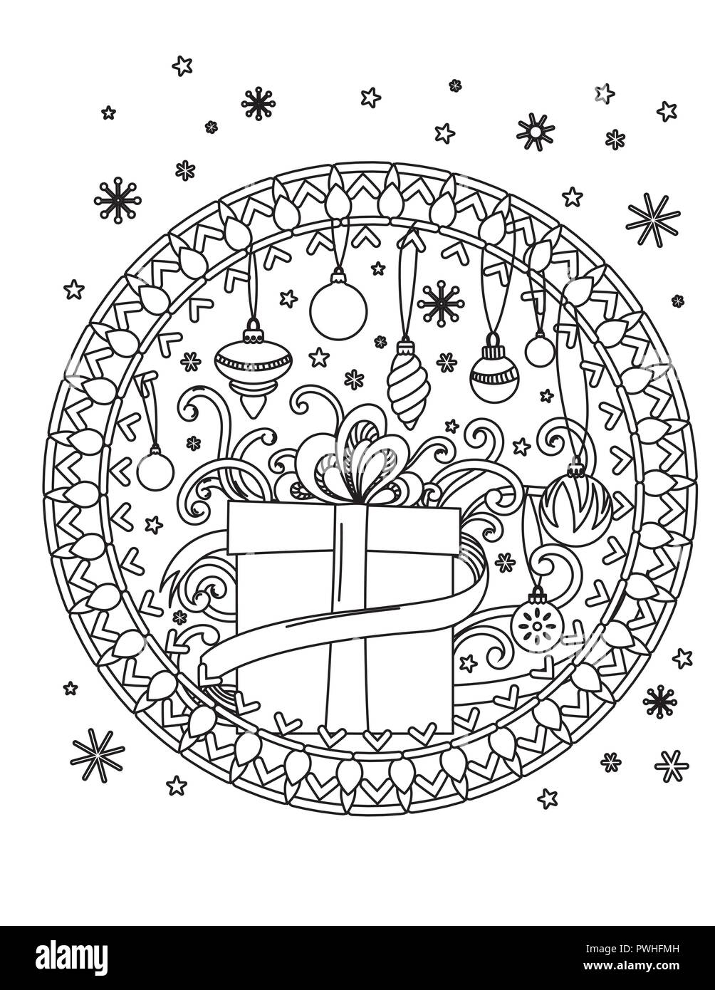 Christmas mandala coloring page adult coloring book holiday decore gifts balls and ribbond hand drawn vector illustration stock vector image art