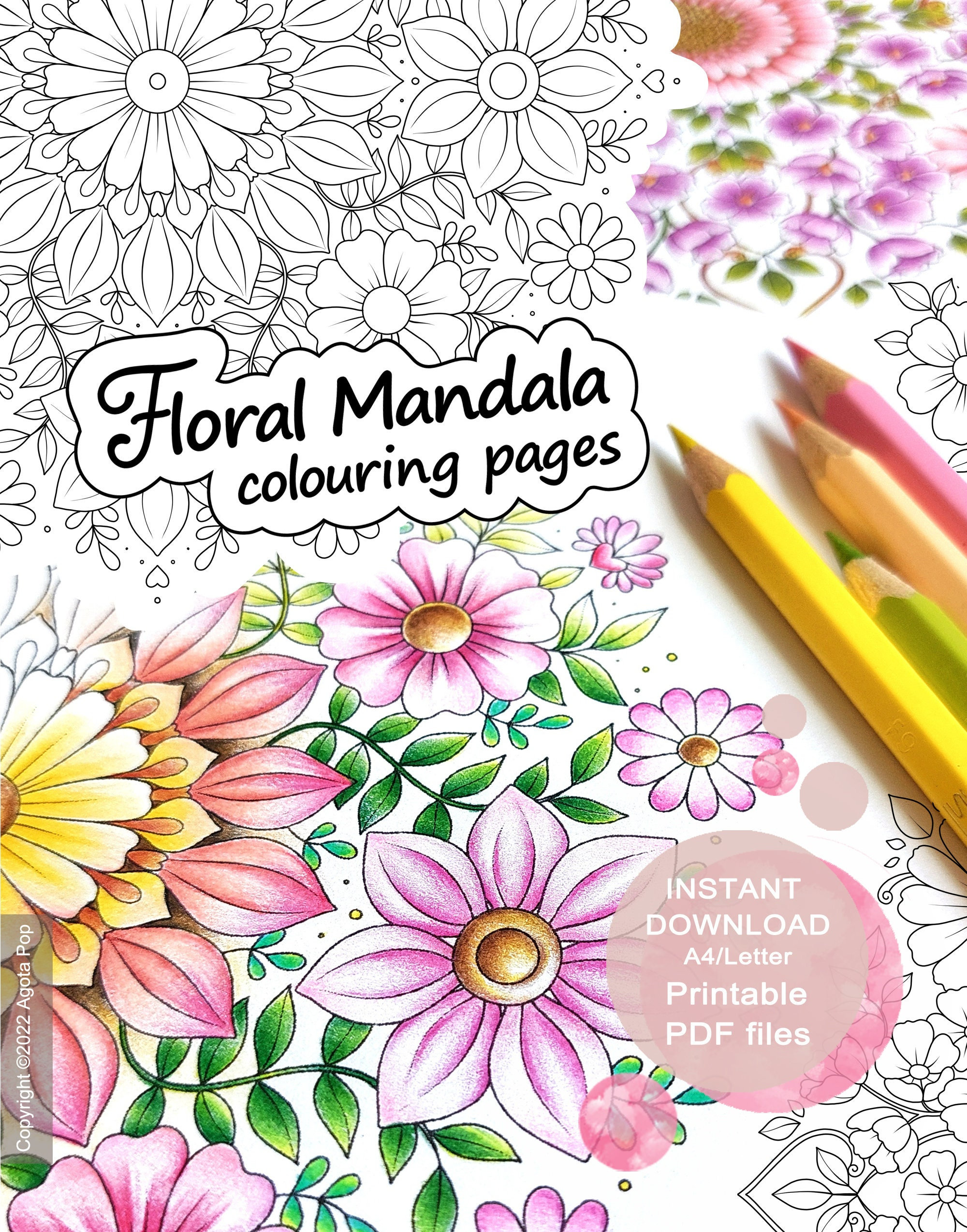 Floral mandala colouring pages for adults set of printable pdf instant download instant download