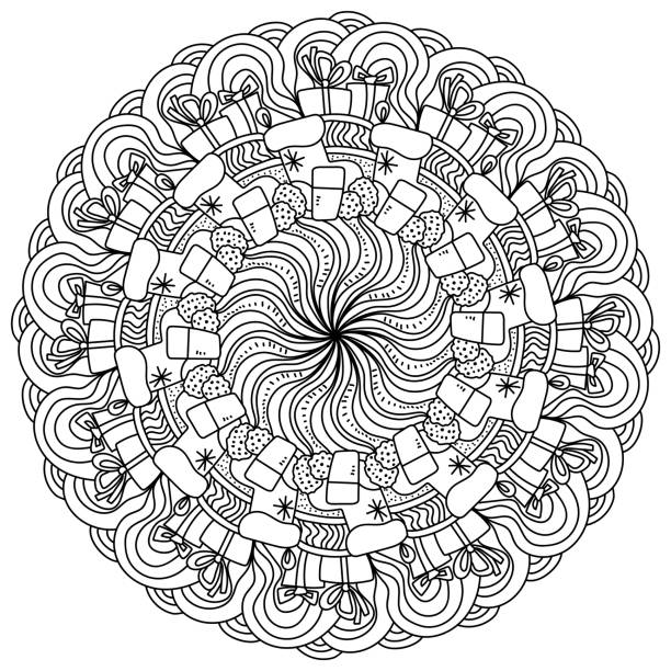 Christmas contour mandala holiday coloring page with milk cookies and xmas attributes stock illustration