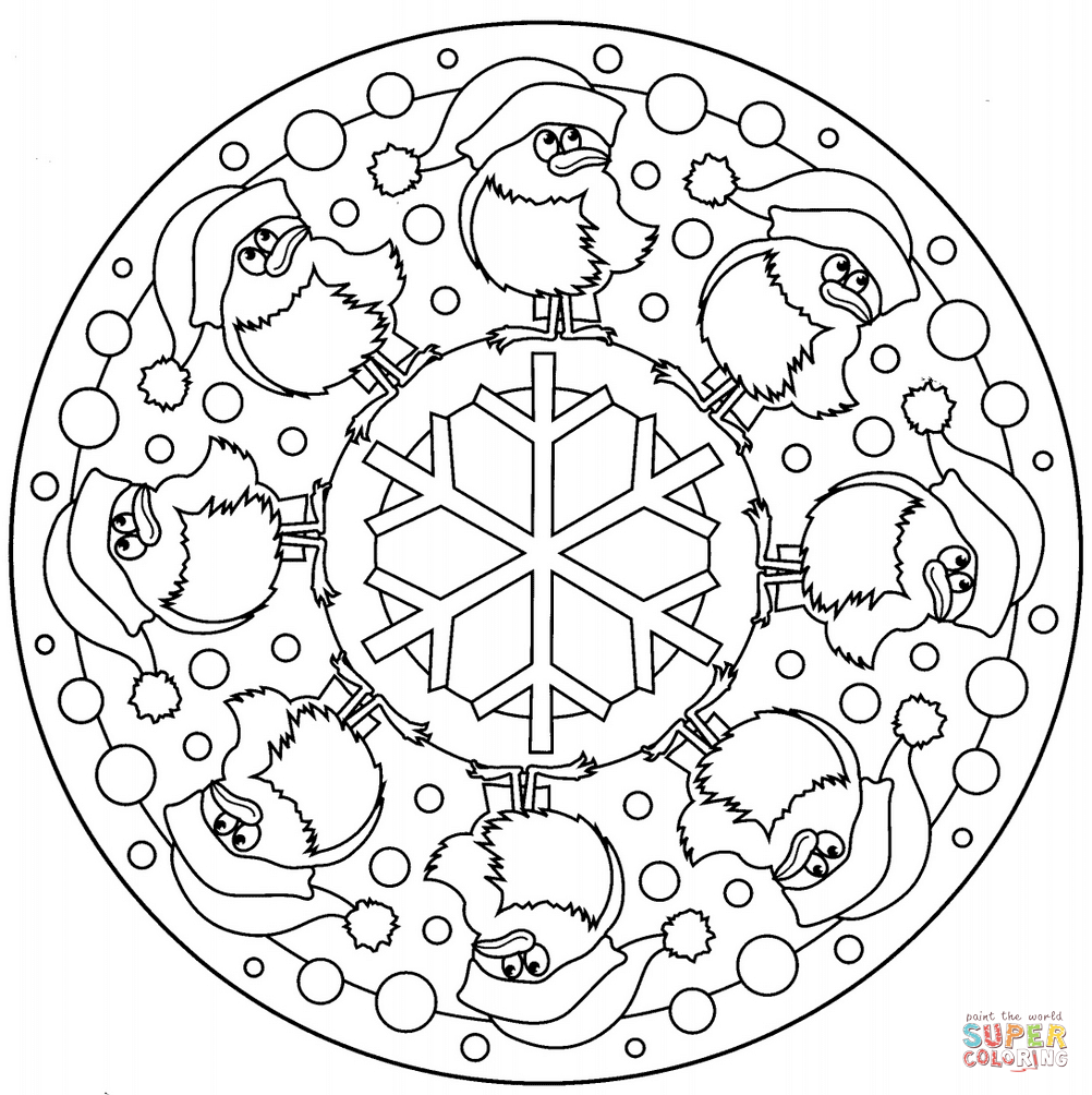 Christmas mandala with birds and snowflake coloring page free printable coloring pages