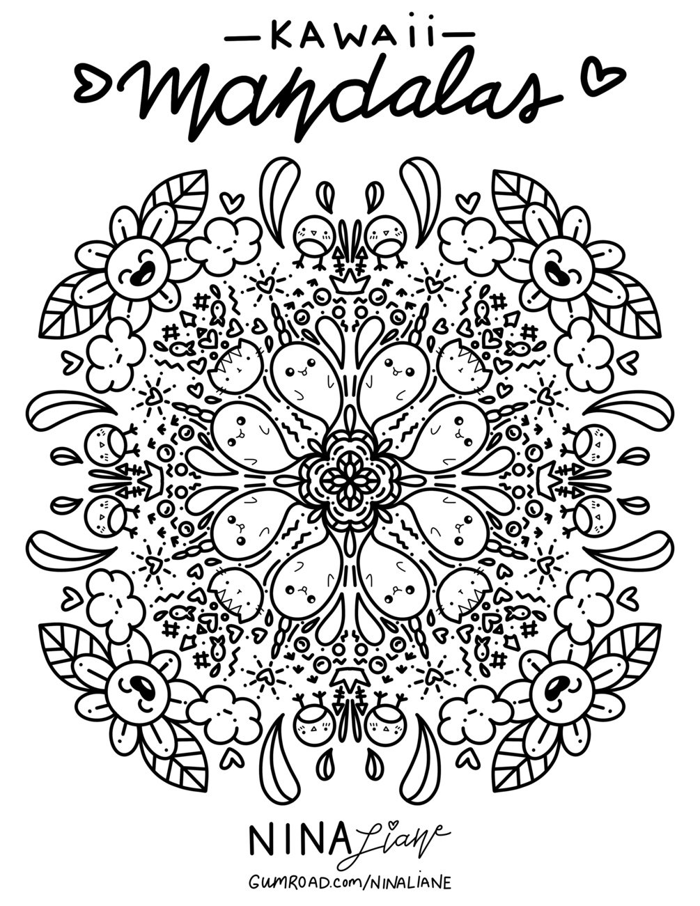 Kawaii mandala printable coloring pages black white set of