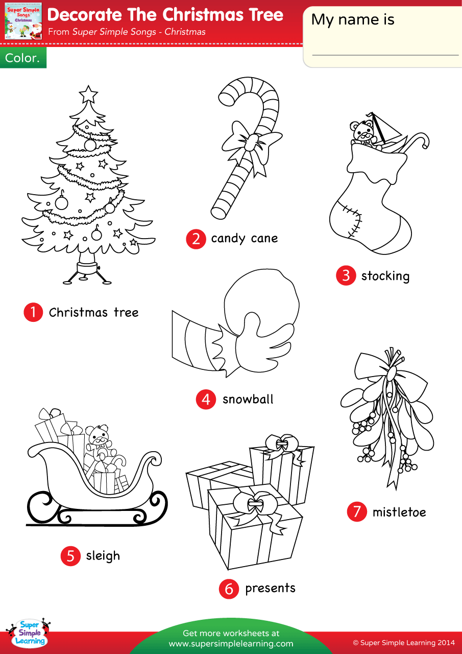 Decorate the christmas tree worksheet