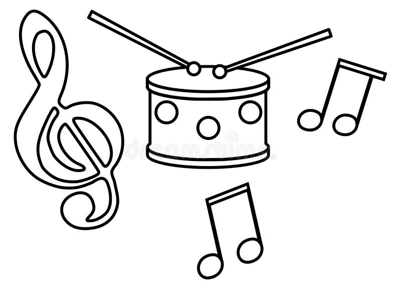 Drum with notes and treble clef illustration for children black and white isolated stock vector