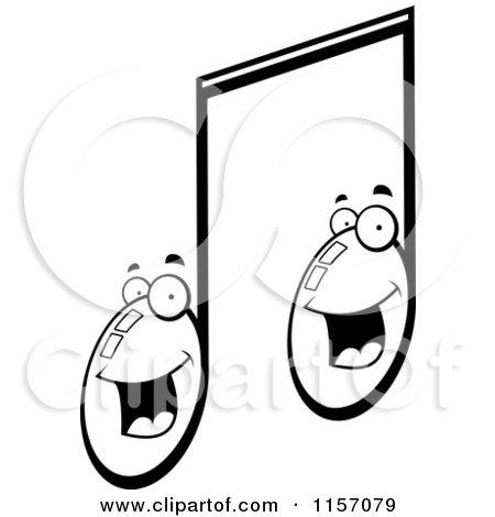 Cartoon clipart of a black and white happy smiling double music note character