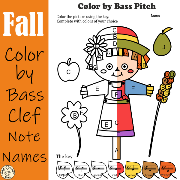 Musical coloring pages for fall color by bass pitch with answers