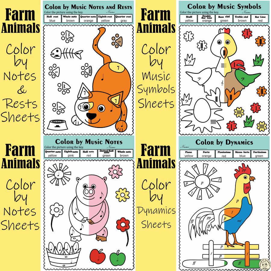 Farm animals color by music bundle music color by note