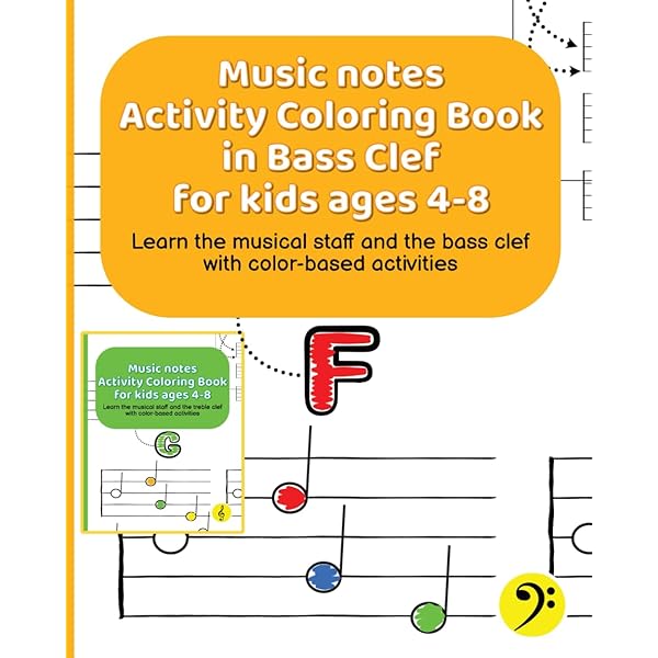 Music notes activity coloring book in bass clef for kids ages