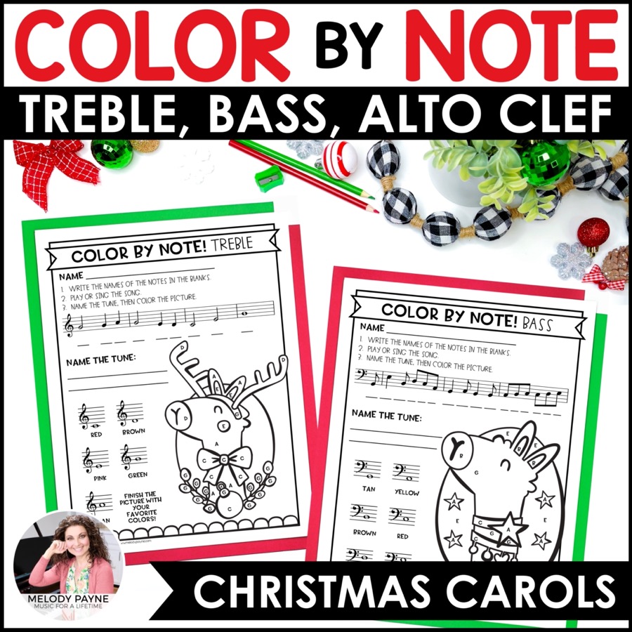 Christmas carols color by music note worksheets for elementary music piano