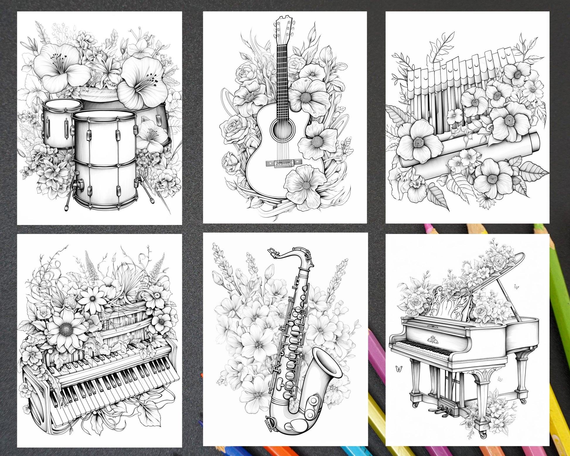 Musical instrument flower grayscale coloring pages printable for ad â coloring