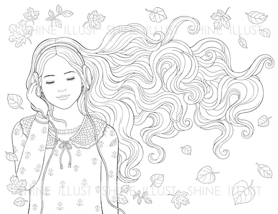 Printable coloring page girl listening to music coloring sheet fall coloring page coloring page beautiful girl