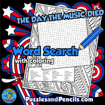 The day the music died word search puzzle activity with coloring iowa history