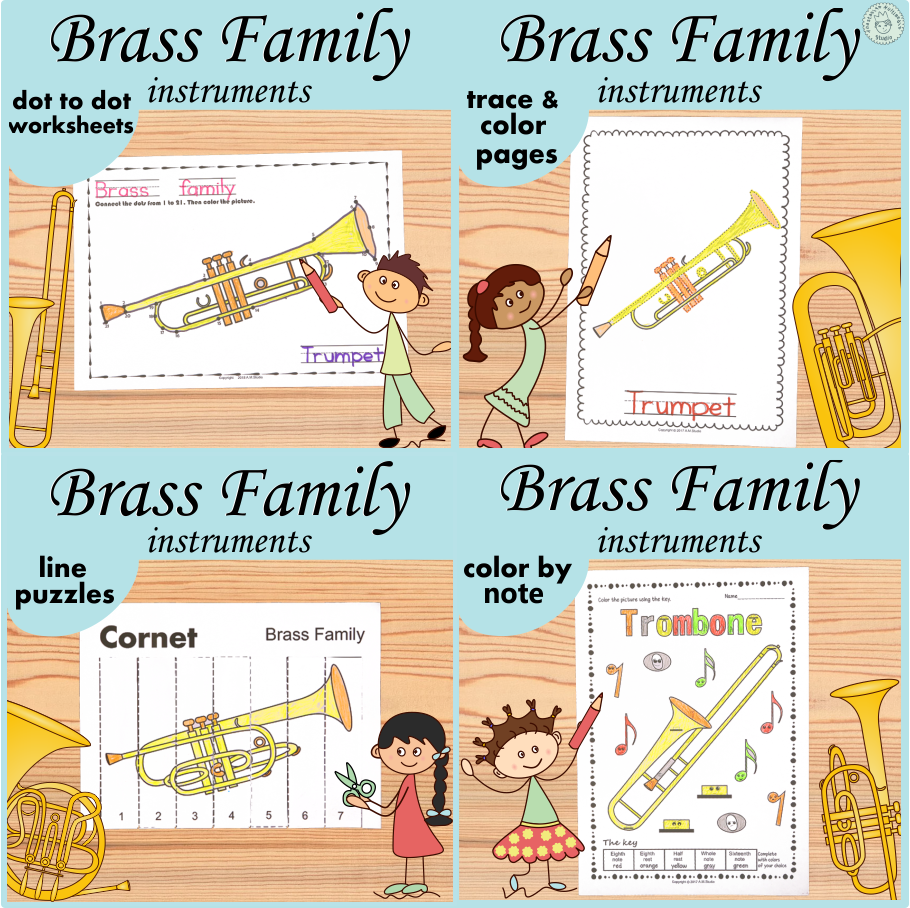 Brass family instruments music coloring activities for kids bundle