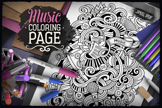 Music digital coloring page musical doodle adult coloring book printable coloring sheet music cartoon illustration digital download pdf