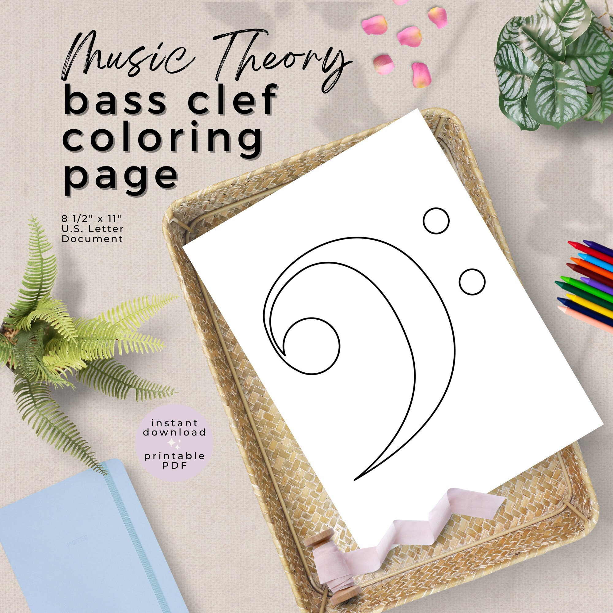 Bass clef coloring page printable bass clef sign coloring sheet music theory symbol color page activity instant digital download pdf