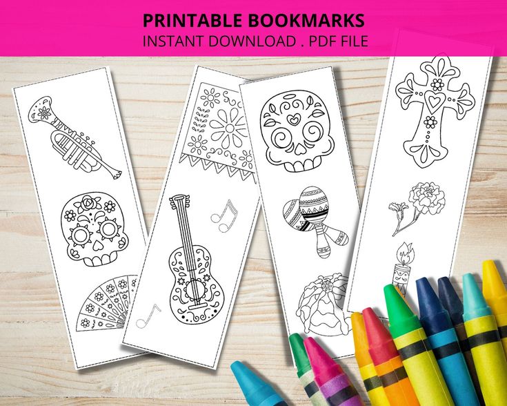 Dia de muertos coloring bookmarks sugar skulls musical instruments mexican party colouring page all saints halloween activity