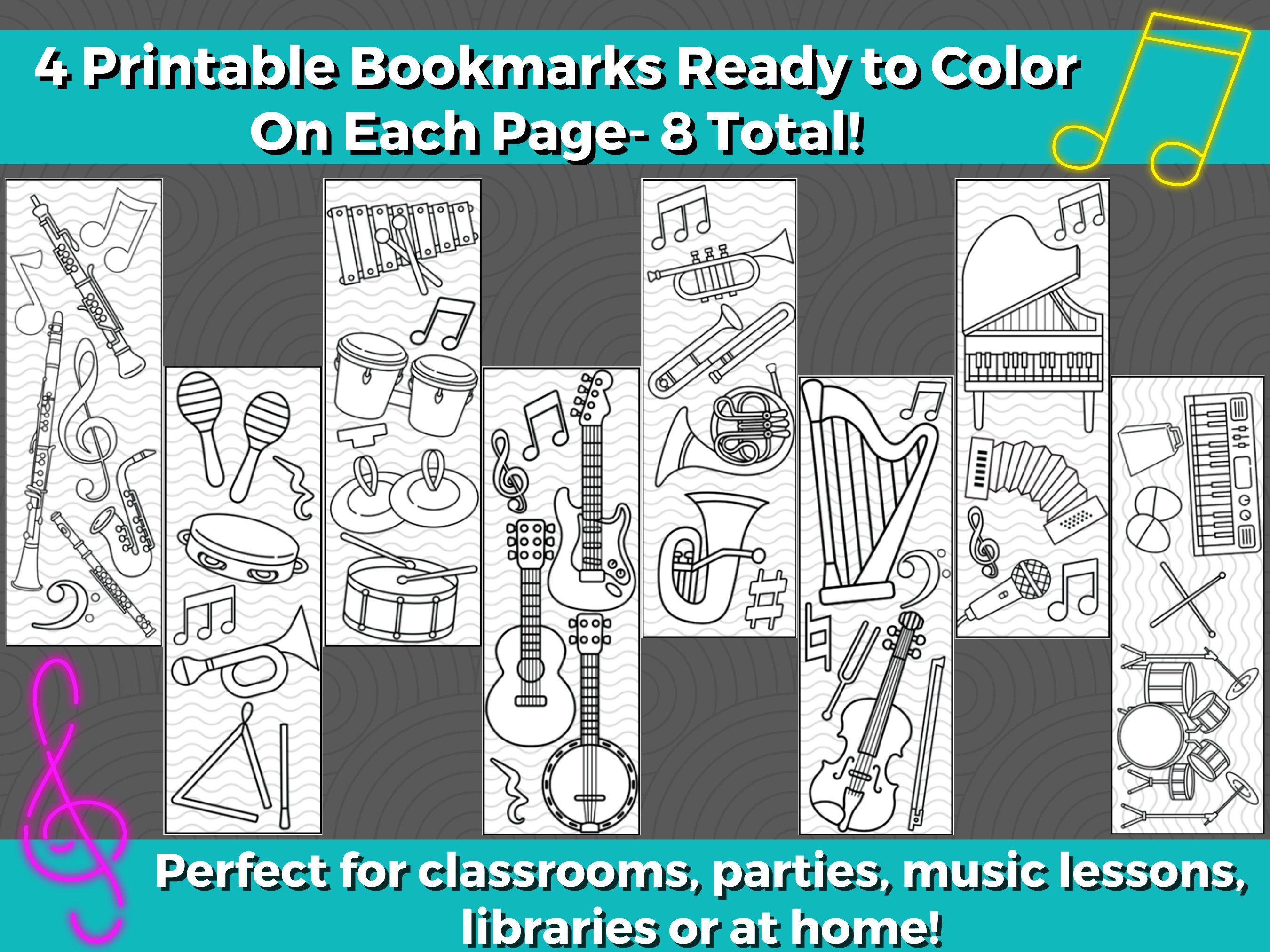 Musical instrument printable coloring bookmarks for kids instant download color your own bookmarks