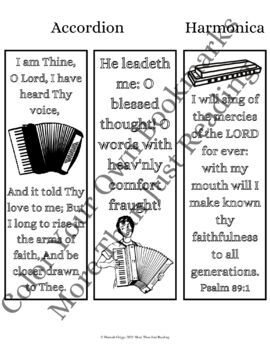 Musical instrument coloring bookmarks with hymns and bible verses