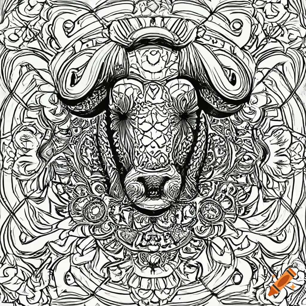 Coloring page for adults mandala musk ox image white background minimilastic clean line art fine line art