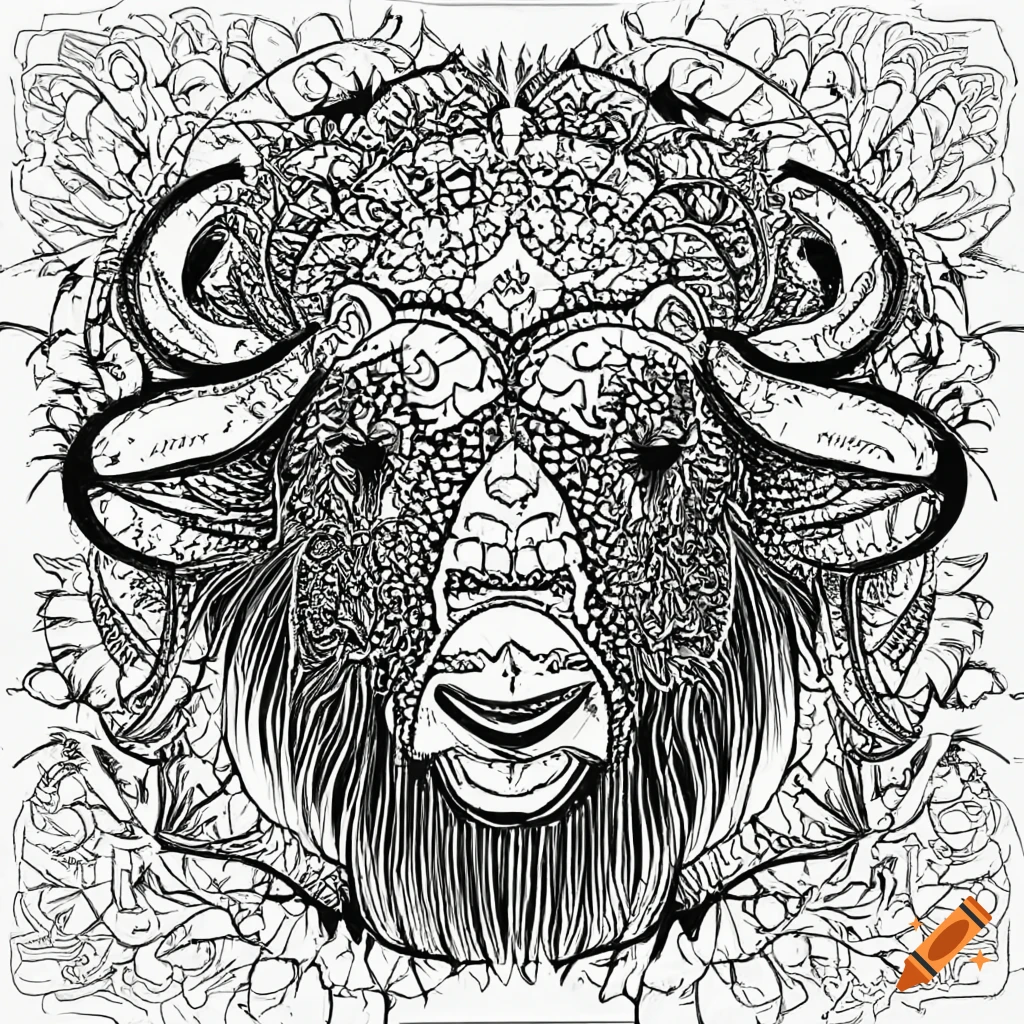 Coloring page for adults mandala musk ox image white background minimilastic clean line art fine line art