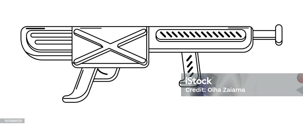 Vector linenear blaster on white isolated outline toy gun for coloring page futuristic weapon design stock illustration