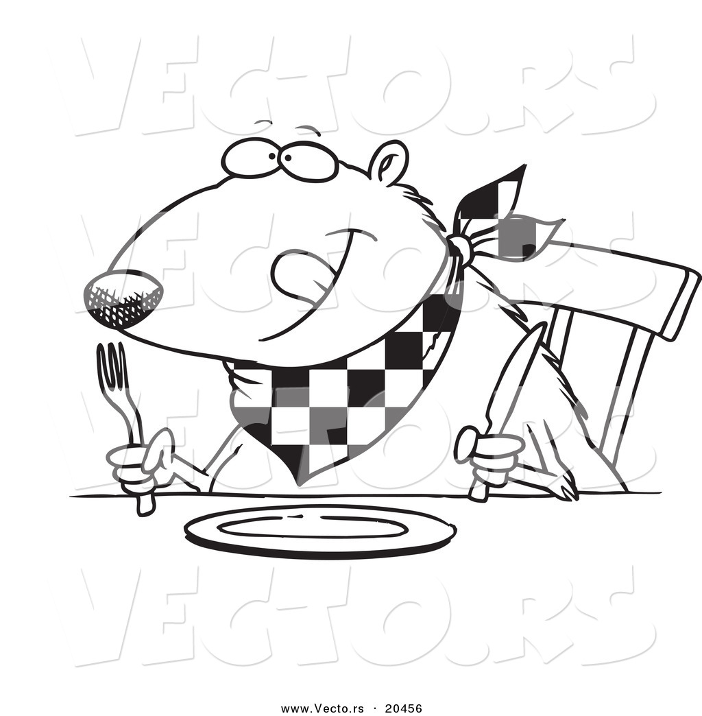 R of a cartoon hungry muskrat at a table