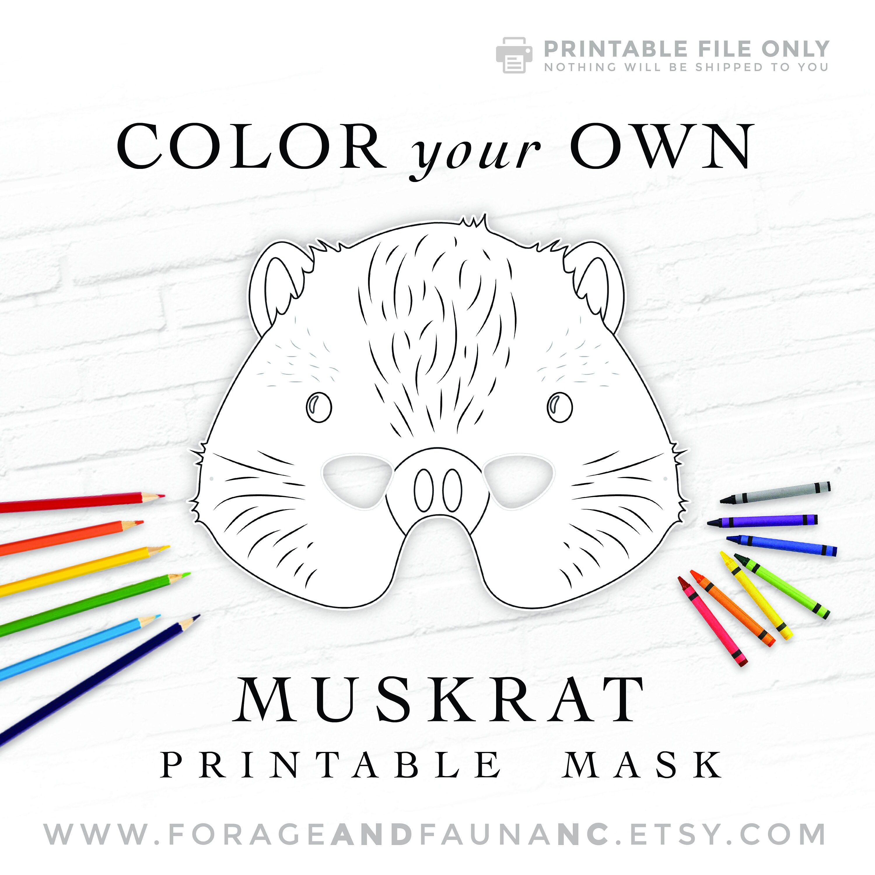 Muskrat mask printable coloring book page animal mask birthday party activity photo booth props halloween mask printable kids costume mask