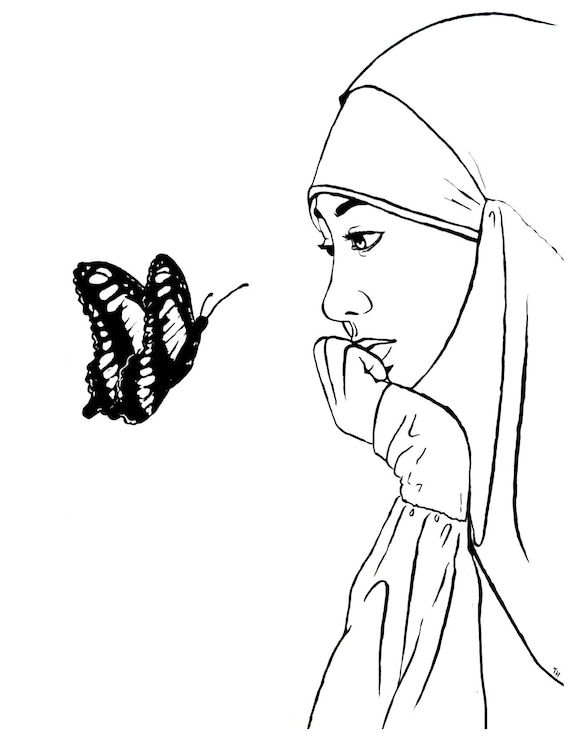 Free muslim hijabi coloring book page digital download a girl and a butterfly