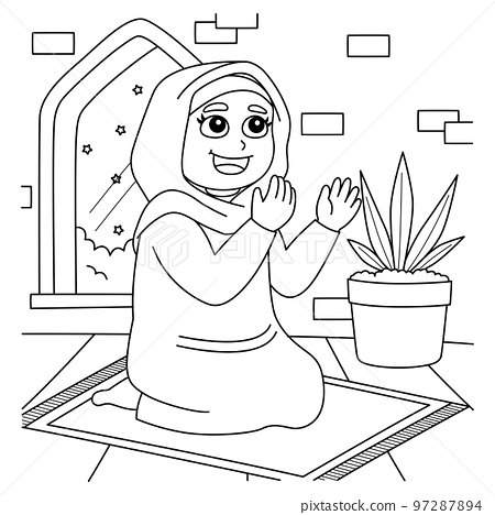 Ramadan muslim girl praying coloring page for kids