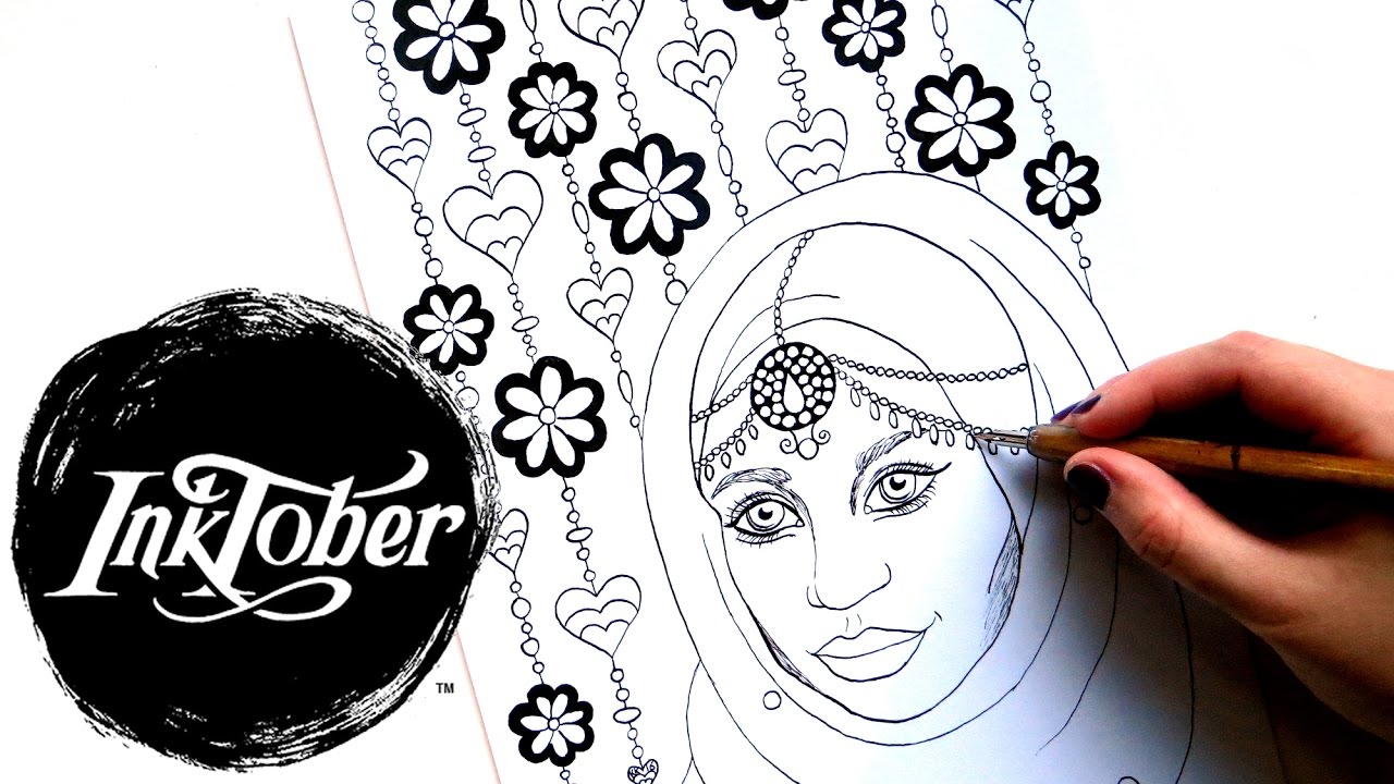 Inktober drawing a coloring page eid muslim girl with hijab inktober