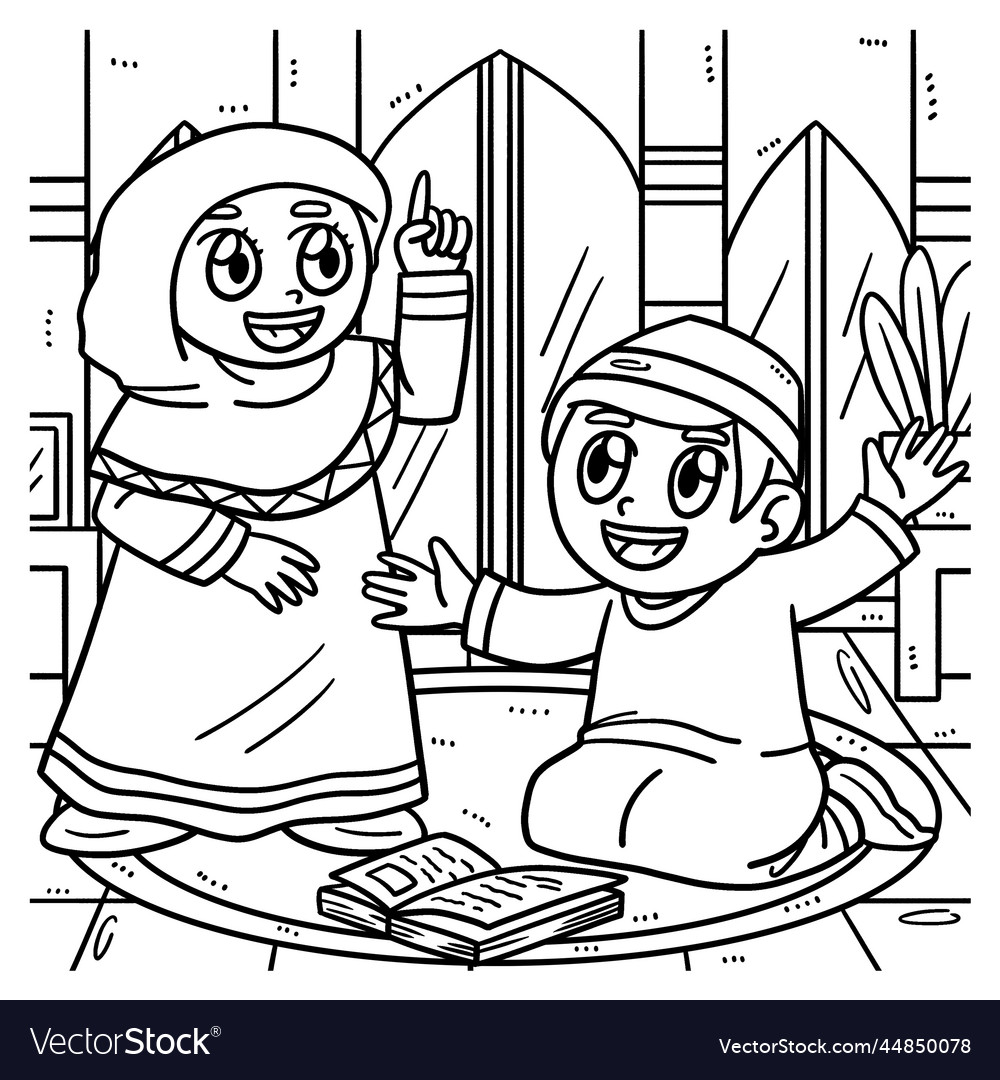 Ramadan muslim children coloring page for kids vector image