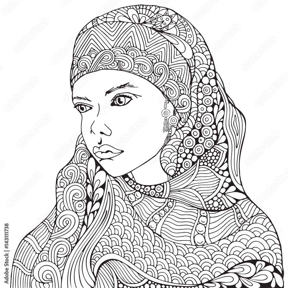 Arabic muslim woman hijab coloring book page for adult black and white doodle zentangle style vector