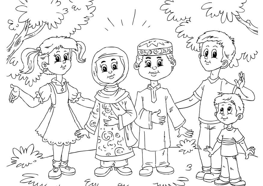 Coloring page muslim children with western children