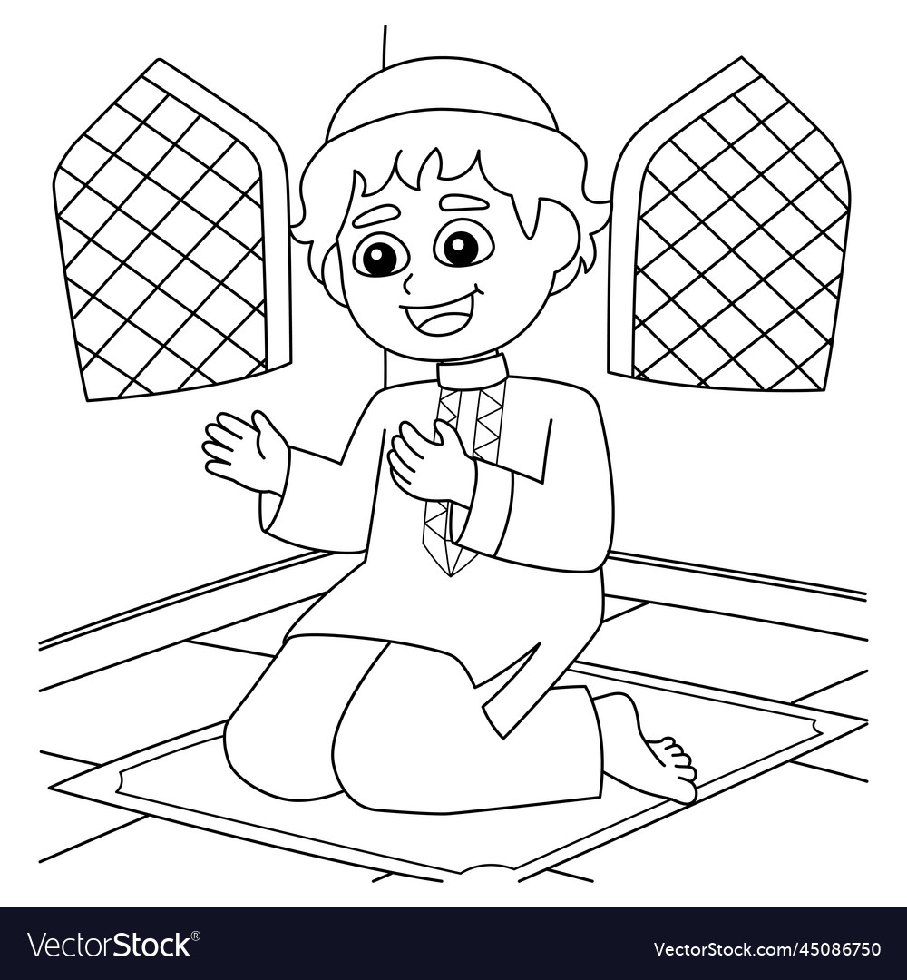 Ramadan muslim boy praying coloring page for kids vector image
