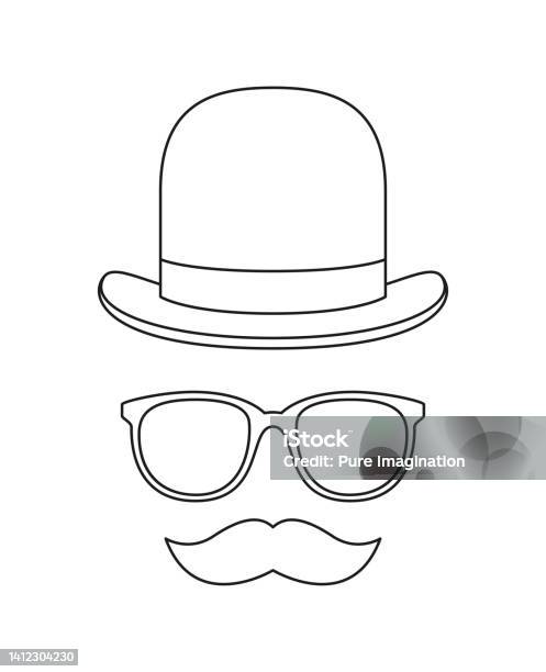 Coloring page with mustache hat and glasses for kids stock illustration