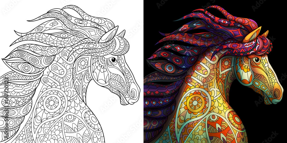 Coloring page of mustang horse colorless and color samples for adult antistress coloring book cover vector