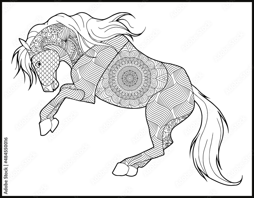 A coloring page of mustang horse stylized hand