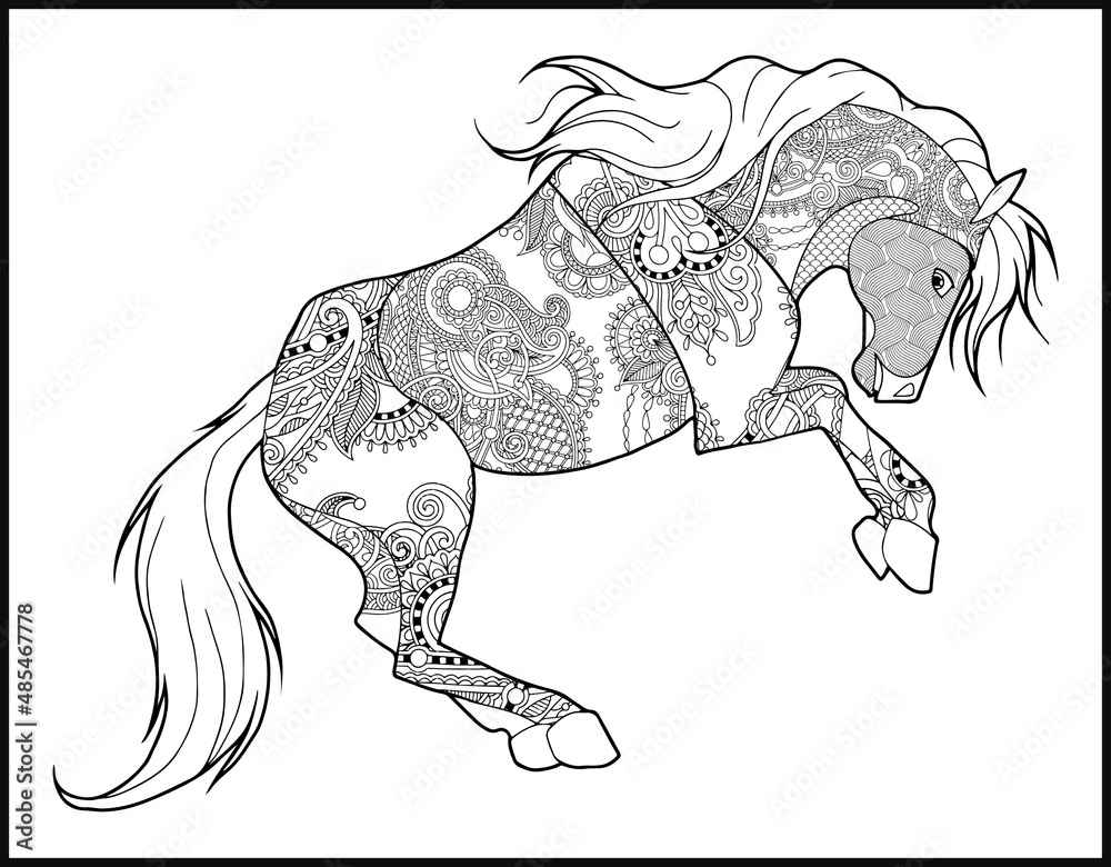 A coloring page of mustang horse stylized hand