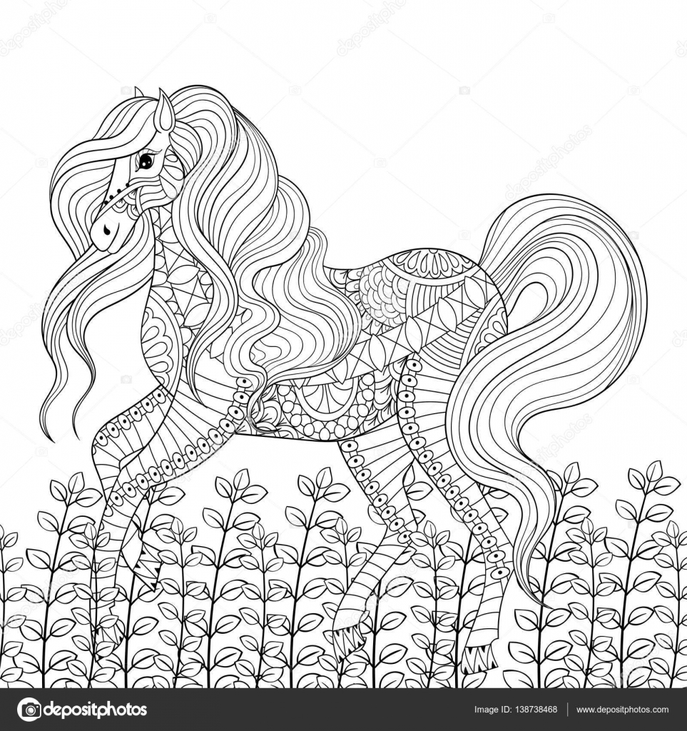 Racing horse adult anti stress coloring page hand drawn zentang stock vector by ipanki