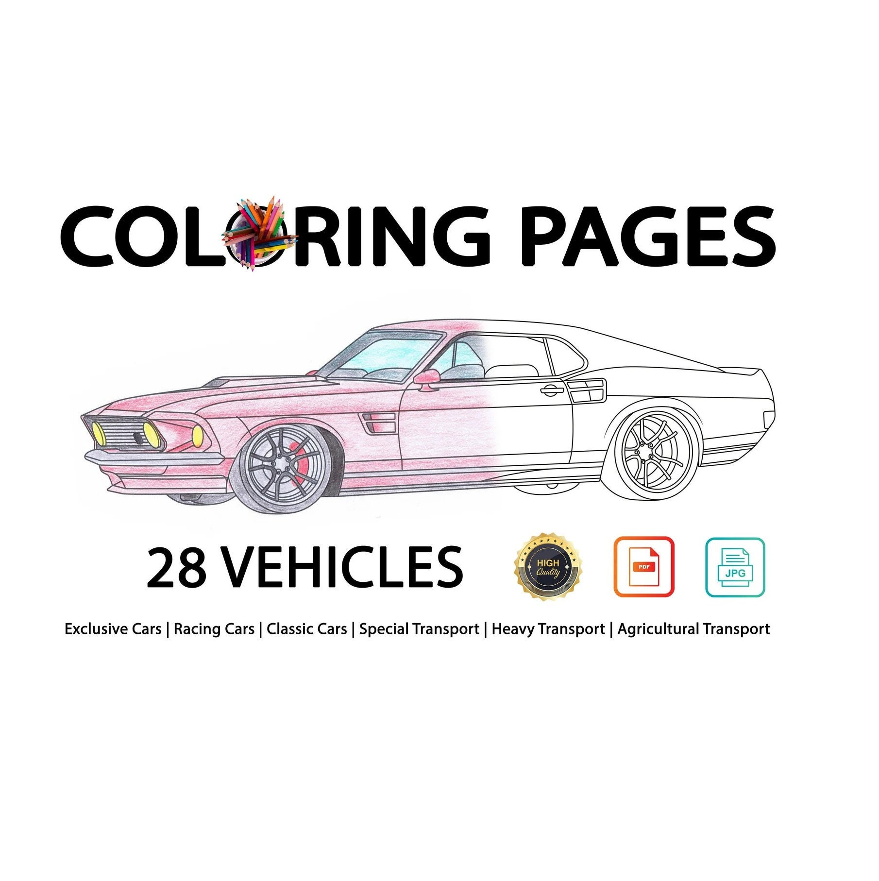 Coloring pages with vehicles pages pdf jpg for kids adults cars supercars trucks tractors racing cars activity book download now