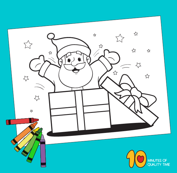 Santa claus jumping out from a christmas gift box coloring page â minutes of quality time