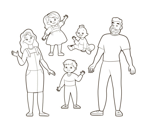 Family figurine set father mom son daughter and baby coloring book for children vector illustration in cartoon style black and white isolated line art stock illustration