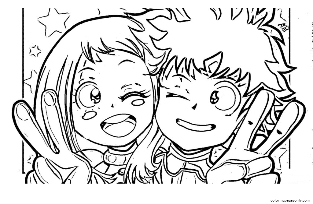 Gambar happy ochako uraraka and izuku midoriya coloring pages